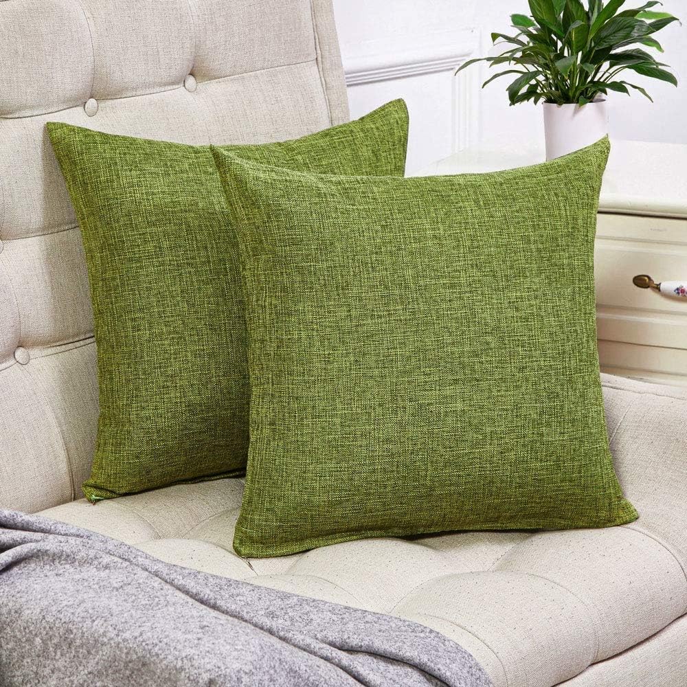 Anickal Set of 2 Green Pillow Covers Rustic Linen Decorative Square Throw Pillow Covers 20x20 Inch for Sofa Couch Decoration