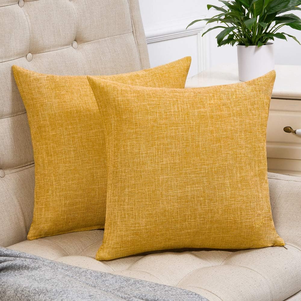 Anickal Set of 2 Mustard Yellow Pillow Covers Rustic Linen Decorative Square Throw Pillow Covers 20x20 Inch for Sofa Couch Decoration