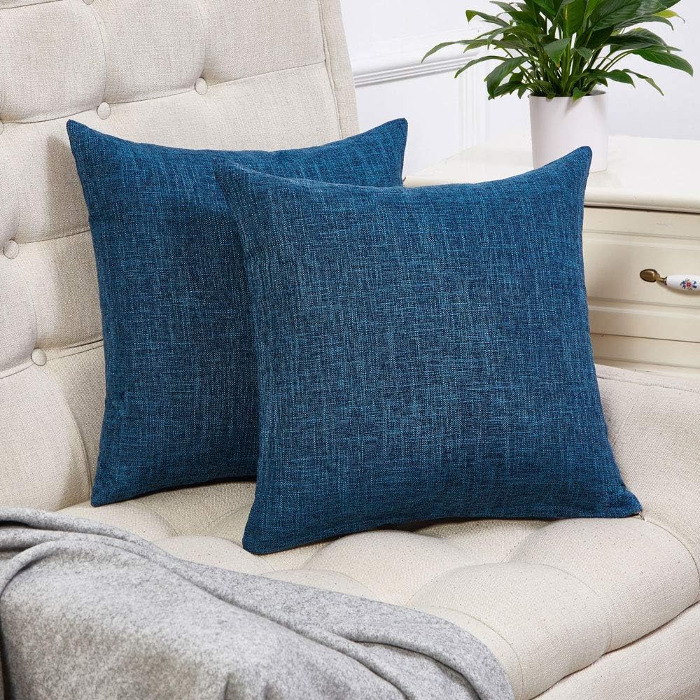 Anickal Set of 2 Dark Blue Pillow Covers Rustic Linen Decorative Square Throw Pillow Covers 20x20 Inch for Sofa Couch Decoration