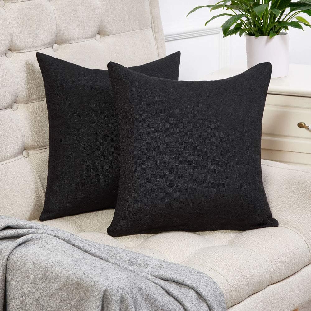 Anickal Set of 2 Black Pillow Covers Rustic Linen Decorative Square Throw Pillow Covers 20x20 Inch for Sofa Couch Decoration