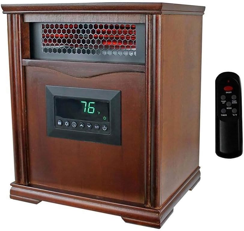 Lifesmart LifePro 1500W Portable Electric Infrared Quartz Space Heater for Indoor Use with 4 Heating Elements and Remote Control, Brown Oak Wood