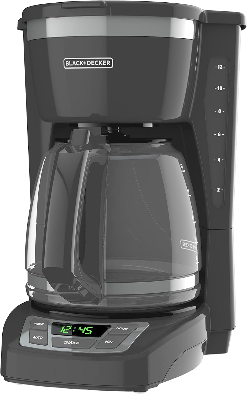 BLACK DECKER 12-Cup Digital Coffee Maker, CM1165GY, Programmable, Washable Basket Filter, Sneak-A-Cup, Auto Brew, Water Window, Keep Hot Plate, Grey