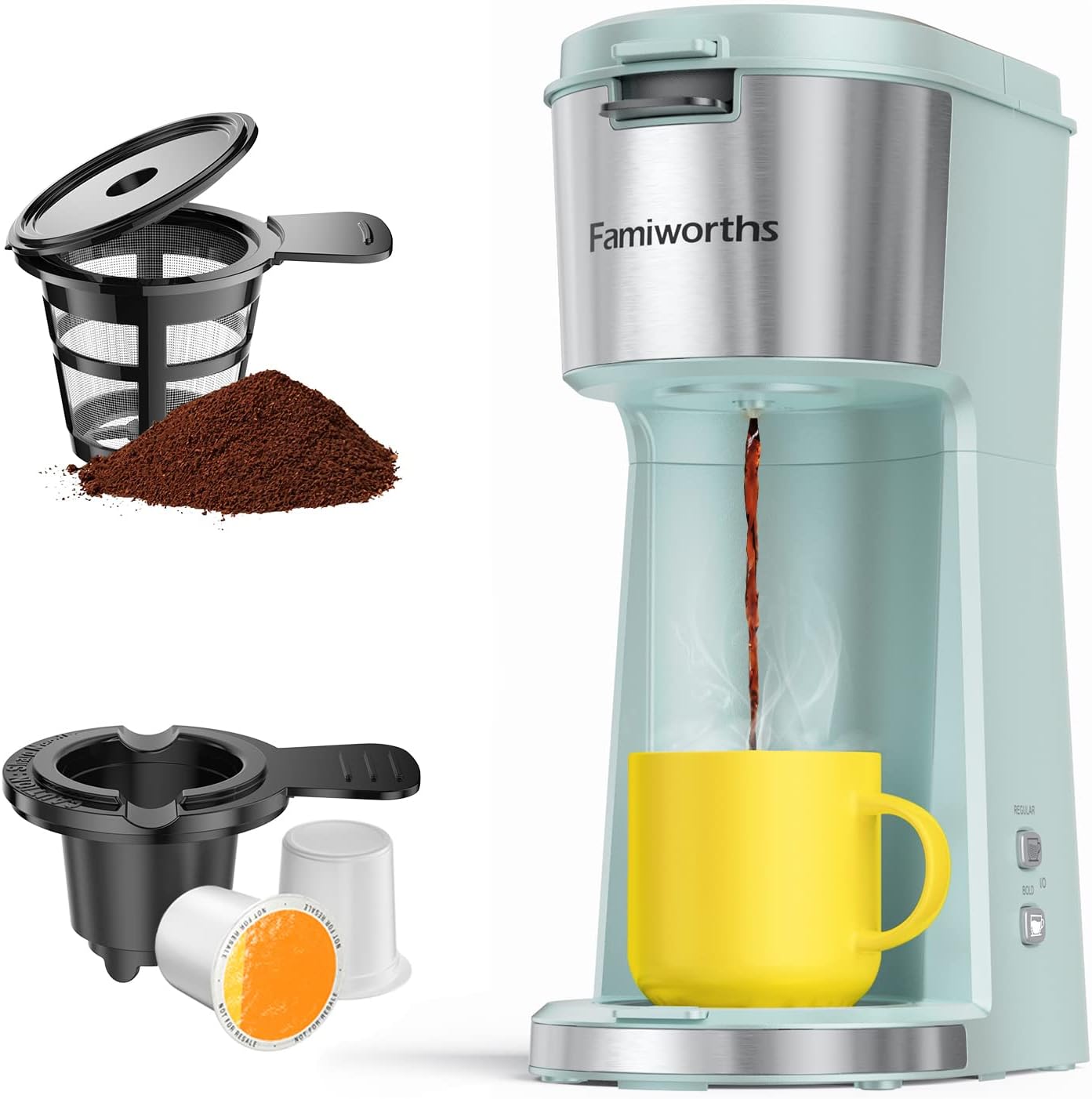 Famiworths Single Serve Coffee Maker for K Cup & Ground Coffee, With Bold Brew, One Cup Coffee Maker, 6 to 14 oz. Brew Sizes, Fits Travel Mug, Fresh Green