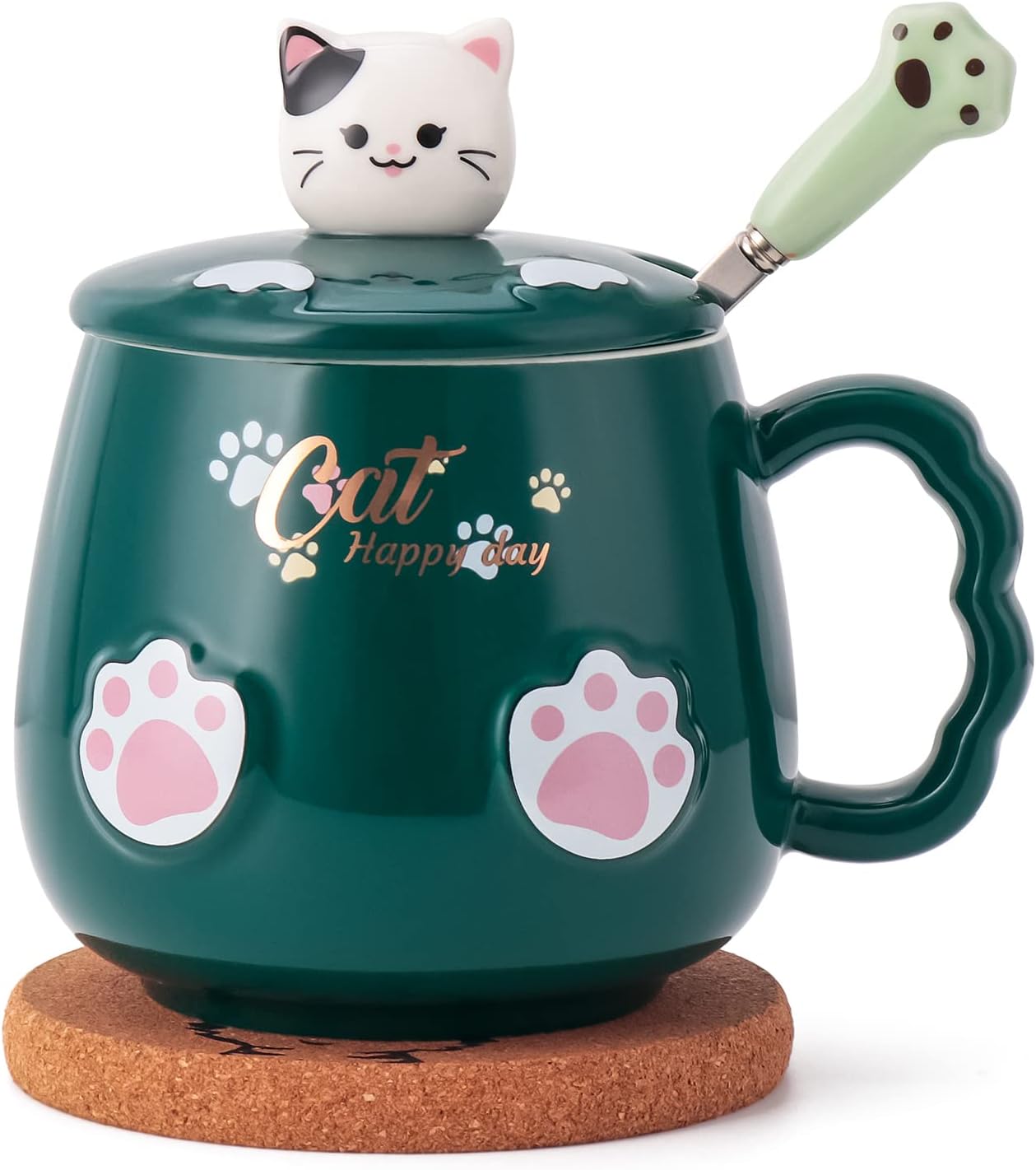 Cat Mug Cute Ceramic Coffee Cup with Lovely Kitty Lid, Kawaii Cat Claw Spoon, Anime Cat Coaster, Novelty Cat Things Birthday Christmas Mug Gift for Cat Lovers 400ML