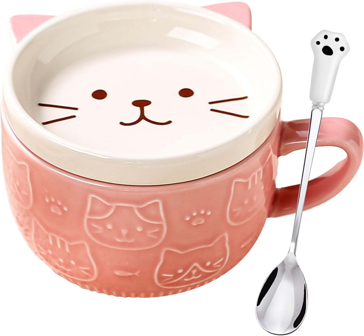 BigNoseDeer Cute Cat Mug Kawaii Tea Cup Pink Ceramic Coffee Mug with lid,Tea Cups and Saucers for Dessert Tea Mug Cute Gifts Cat Gifts for Cat Lovers Christmas Gifts 10oz