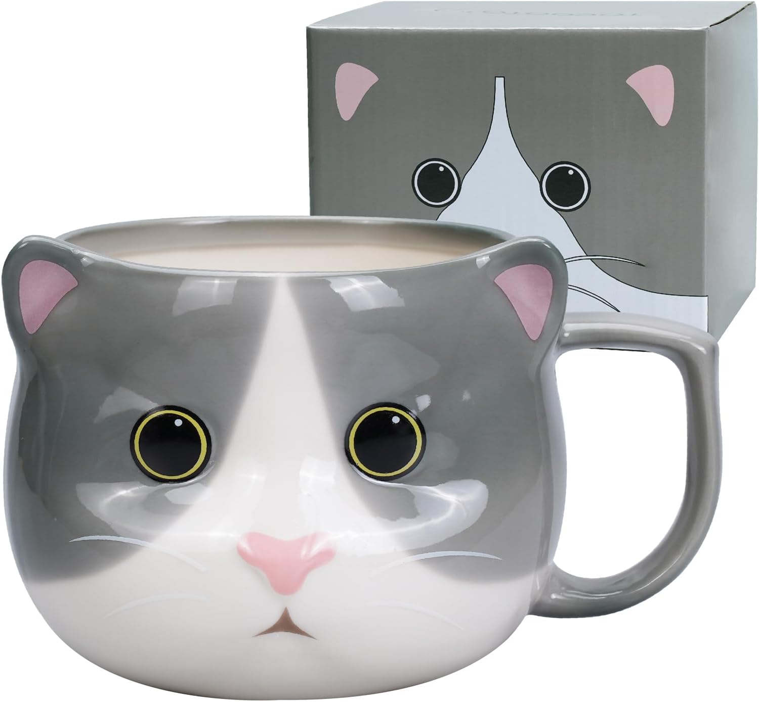 Cat Mug 14 oz Cute Ceramic Coffee Mug 3D Porcelain Tea Mug for Women Kawaii Cup Cat Gifts for Cat Lovers Christmas Gifts Housewarming Holiday Birthday Gifts for Women Mom Kids Men and Friend