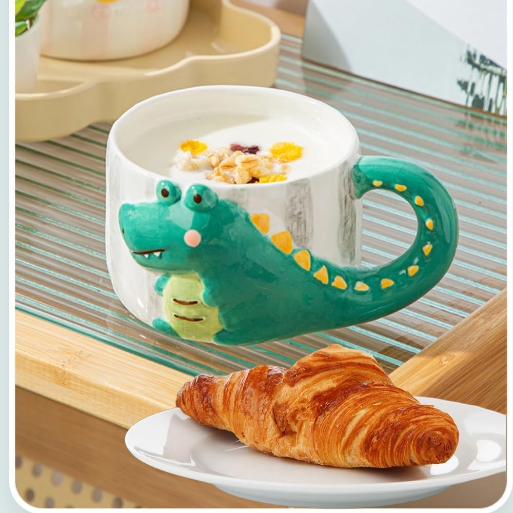 Kawaii Dinosaur Ceramic Mug Cup for Student Kids, Cute Novelty Coffee Tea Mugs Accessories Christmas Birthday Gift Panda (Green)