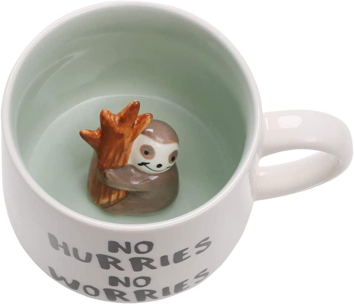 Sloth Ceramic Cup Hidden 3D Animal Inside Mug,12 oz Cute Cartoon Handmade Figurine Mugs,Christmas Birthday Surprise for Friends Family or Kids (Sloth)