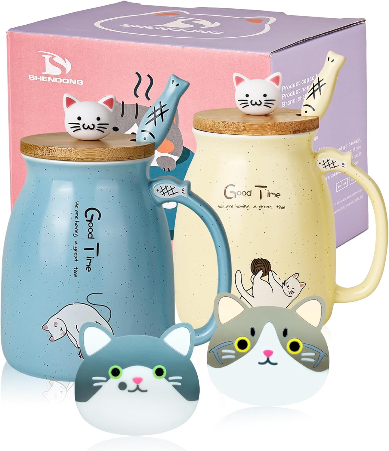 SHENDONG 2 Pack Cat Mugs Cute Ceramic Coffee Cups Set of 2 with Kawaii Bamboo Lid and Spoon Novelty Morning Cup Coffee Milk Tea Mugs - 3d Animal Cat Mugs for Cat Lovers Women Gifts(Blue and Yellow)