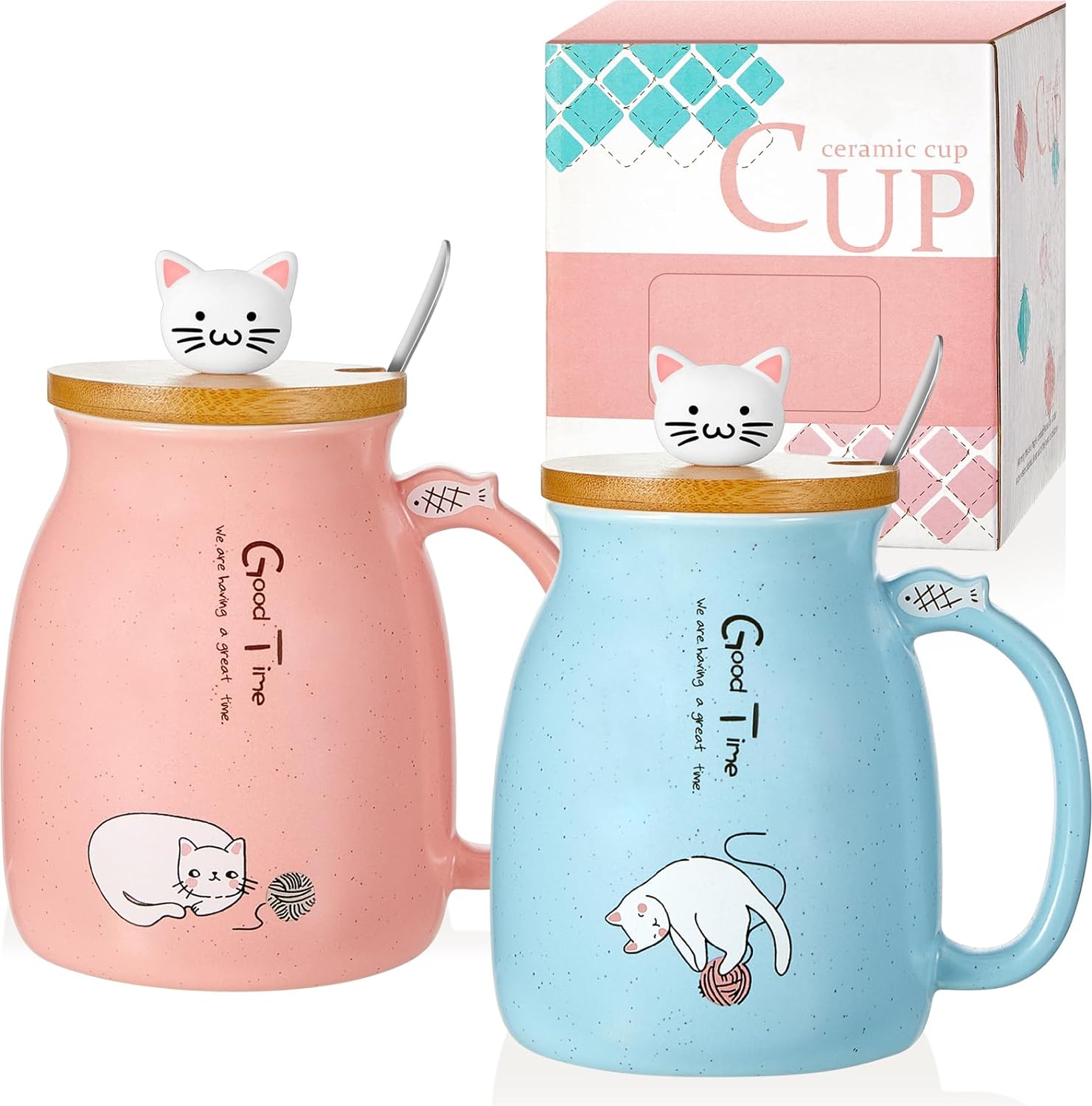 Cunhill 2 Pack Cute Cat Mugs Cat Coffee Mug Set with Lid Cat Couple Mug Ceramic Tea Cups with Lovely Kitty and Stainless Steel Spoon Kawaii Cartoon Coffee Mug Morning Cup Milk Mug, 420 ml