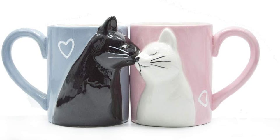 Kiss Cat Coffee Couple Handmade Mug, Funny Tea Ceramic cup set for Bride and Groom, Matching Gift for Engagement Wedding and Married Couples Anniversary Valentines Day Girlfriend Wife