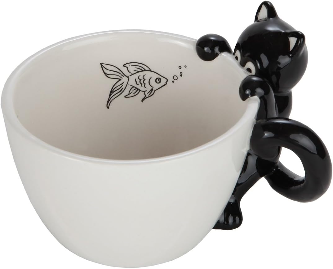 Lily' Home Cute Fishing Black Cat Mug for Coffee and Tea. Ceramic 3D Animal Mug for Cat Lovers