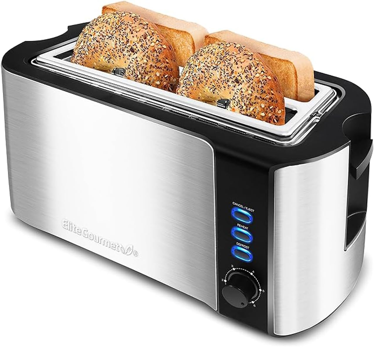 Elite Gourmet ECT-3100# Long Slot 4 Slice Toaster, Reheat, 6 Toast Settings, Defrost, Cancel Functions, Built-in Warming Rack, Extra Wide Slots for Bagels Waffles, Stainless Steel & Black