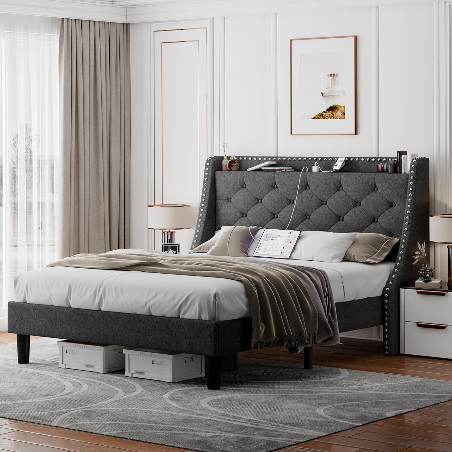 Feonase Queen Bed Frame with Luxury Wingback Upholstered Button Tufted Storage Headboard, Queen Platform Bed with Charging Station, Sturdy Wooden Slats Support, Noise-Free, Easy Assembly, Dark Gray