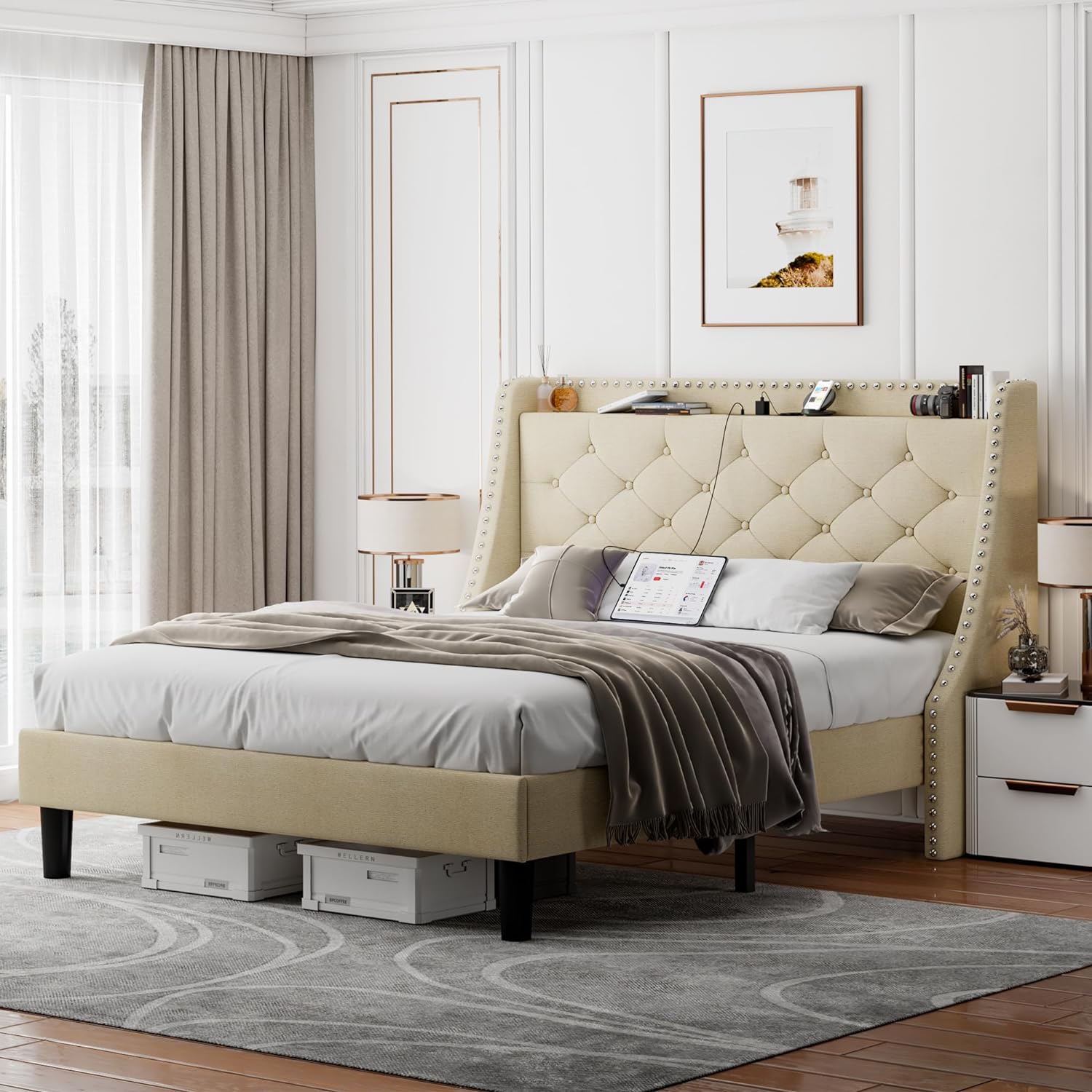 Feonase Queen Bed Frame with Luxury Wingback Upholstered Button Tufted Storage Headboard, Queen Platform Bed with Charging Station, Sturdy Wooden Slats Support, Noise-Free, Easy Assembly, Beige