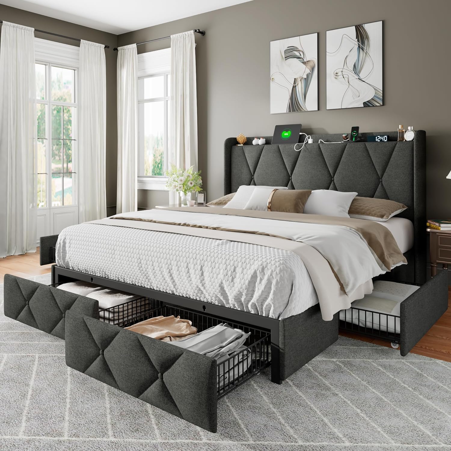 Feonase Queen Bed Frame with 4 Storage Drawers, Upholstered Button Tufted Storage Headboard with Fast Charging Station, Heavy Duty Slats Support, No Box Spring Needed, Noise-Free, Dark Grey