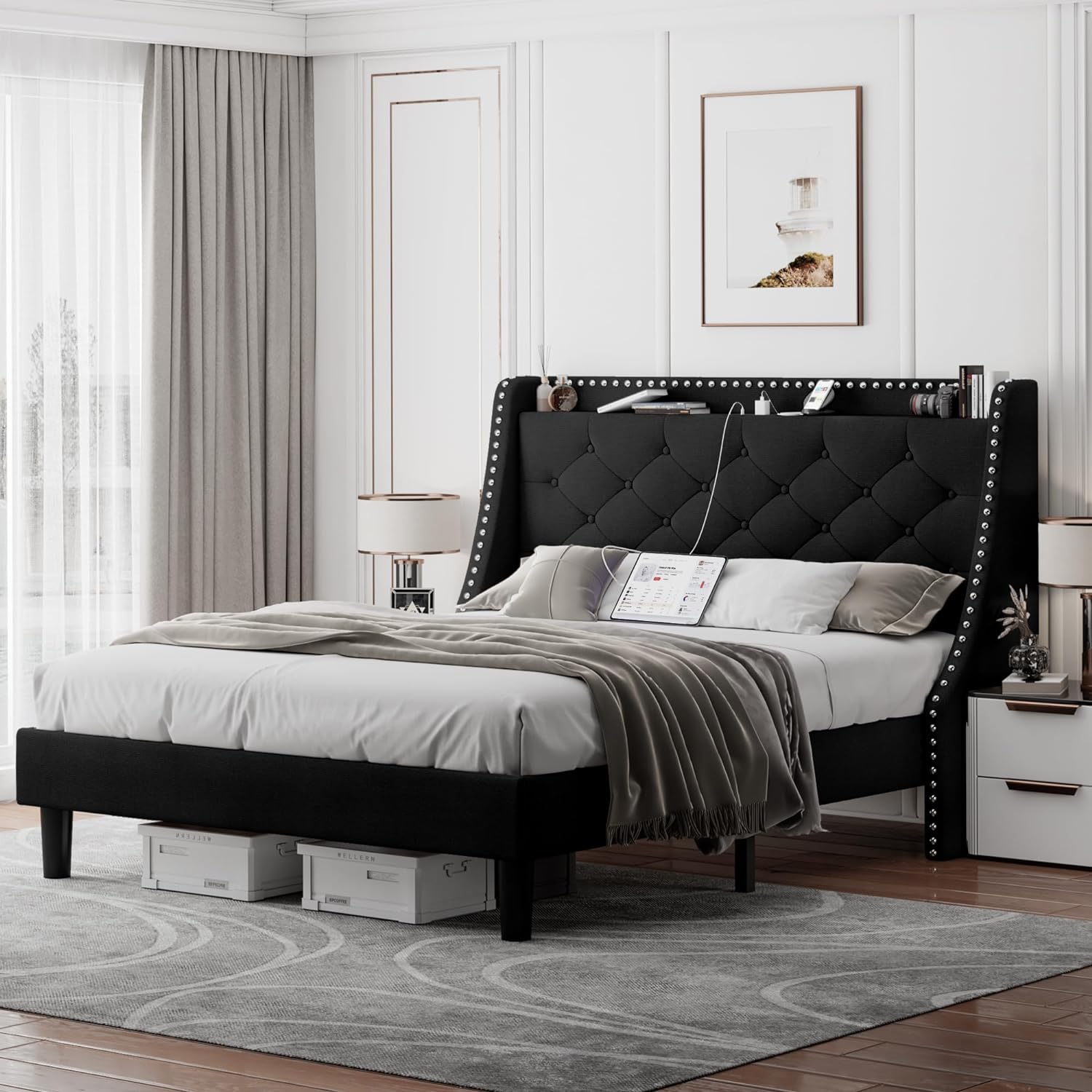 Feonase Queen Bed Frame with Luxury Wingback Upholstered Button Tufted Storage Headboard, Queen Platform Bed with Charging Station, Sturdy Wooden Slats Support, Noise-Free, Easy Assembly, Black