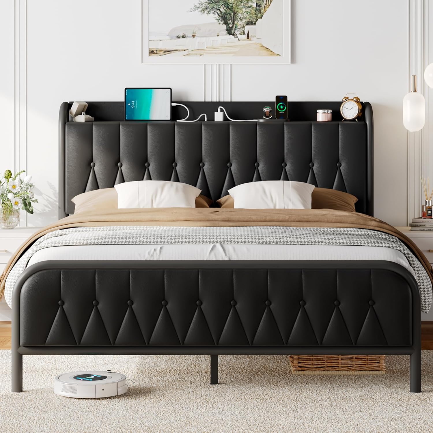 Feonase Queen Bed Frame with Type-C & USB Port, Metal Platform Beds, with Faux Leather Upholstered Headboard & Footboard, 12 Underbed Storage Space, Easy Assembly, Noise-Free, Black