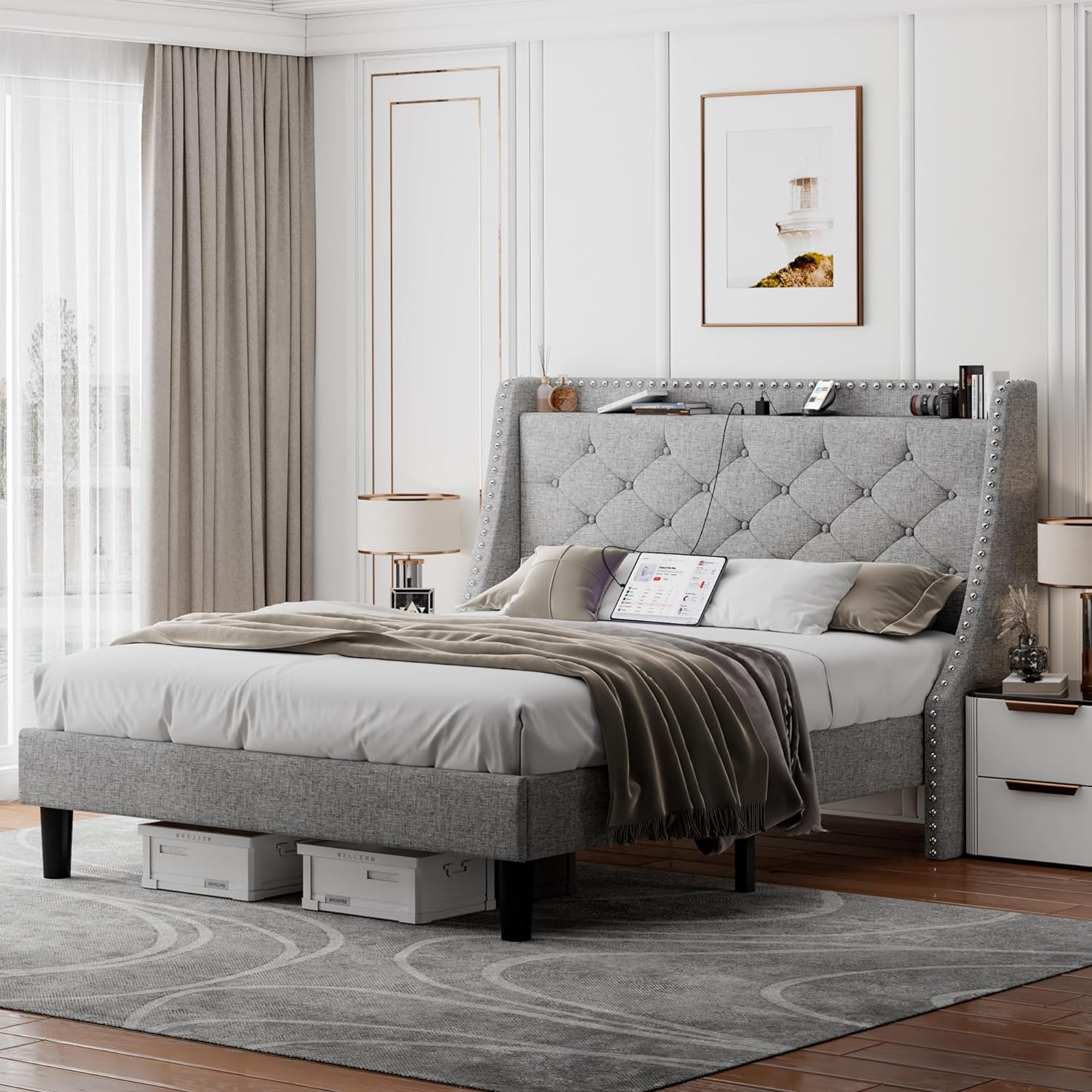 Feonase Queen Bed Frame with Luxury Wingback Upholstered Button Tufted Storage Headboard, Queen Platform Bed with Charging Station, Sturdy Wooden Slats Support, Noise-Free, Easy Assembly, Light Gray