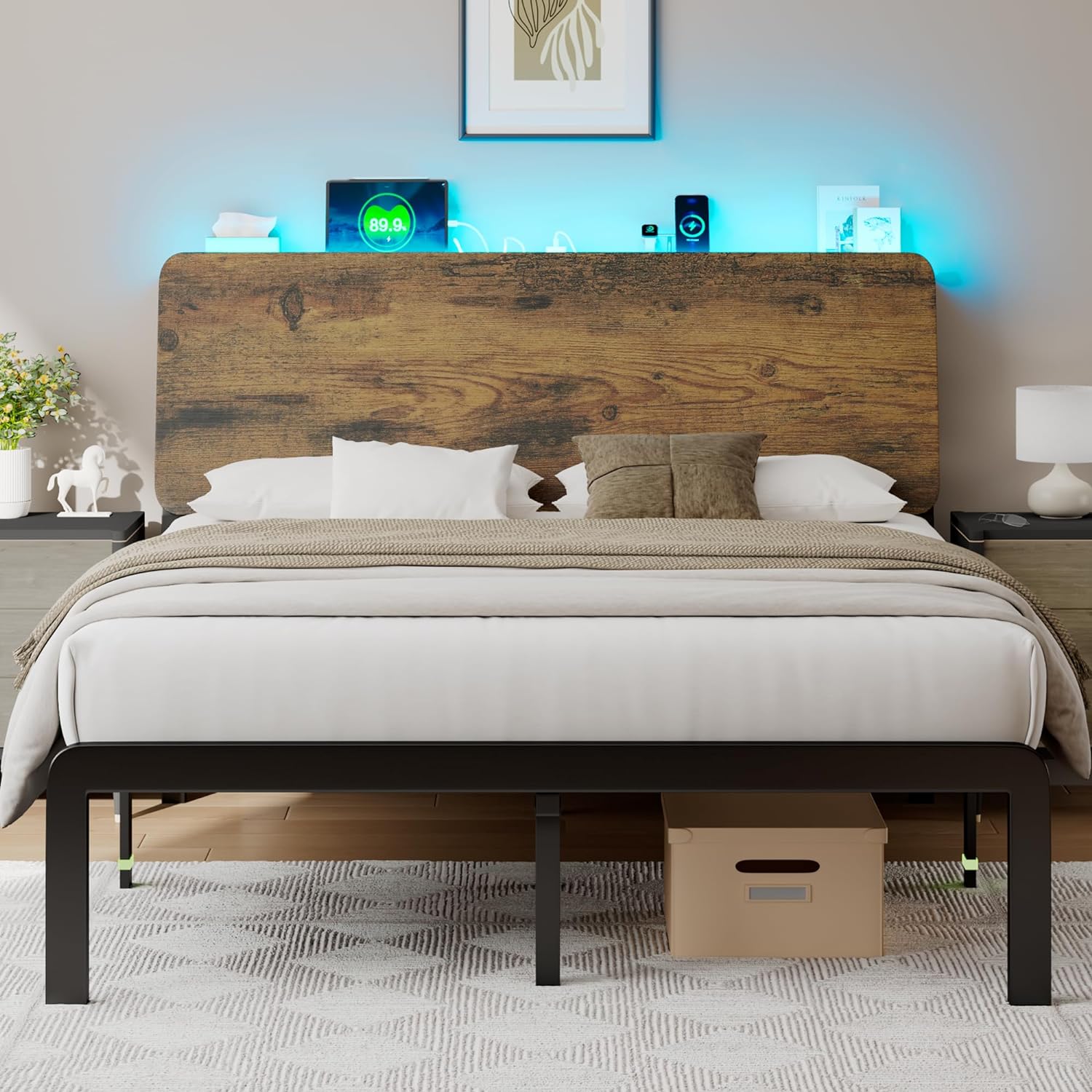 Feonase Full Size Bed Frame with Ergonomic Storage Headboard & Charging Station, LED Platform Bed Frame, Heavy Duty Metal Slats, No Box Spring Needed, Easy Assembly, Rustic