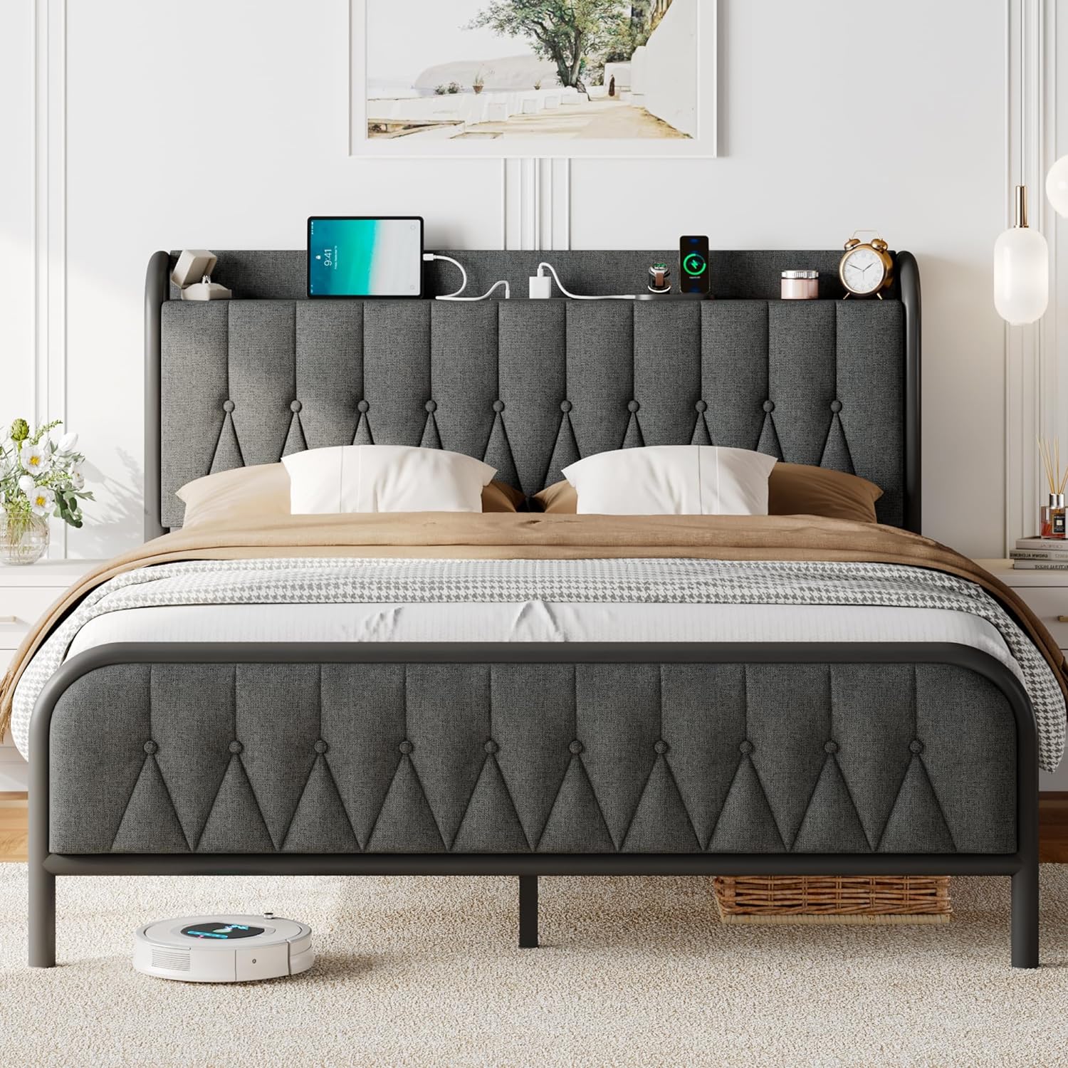 Feonase Full Bed Frame with Type-C & USB Port, Metal Platform Beds, with Linen Upholstered Headboard & Footboard, 12 Underbed Storage Space, Easy Assembly, Noise-Free, Dark Gray