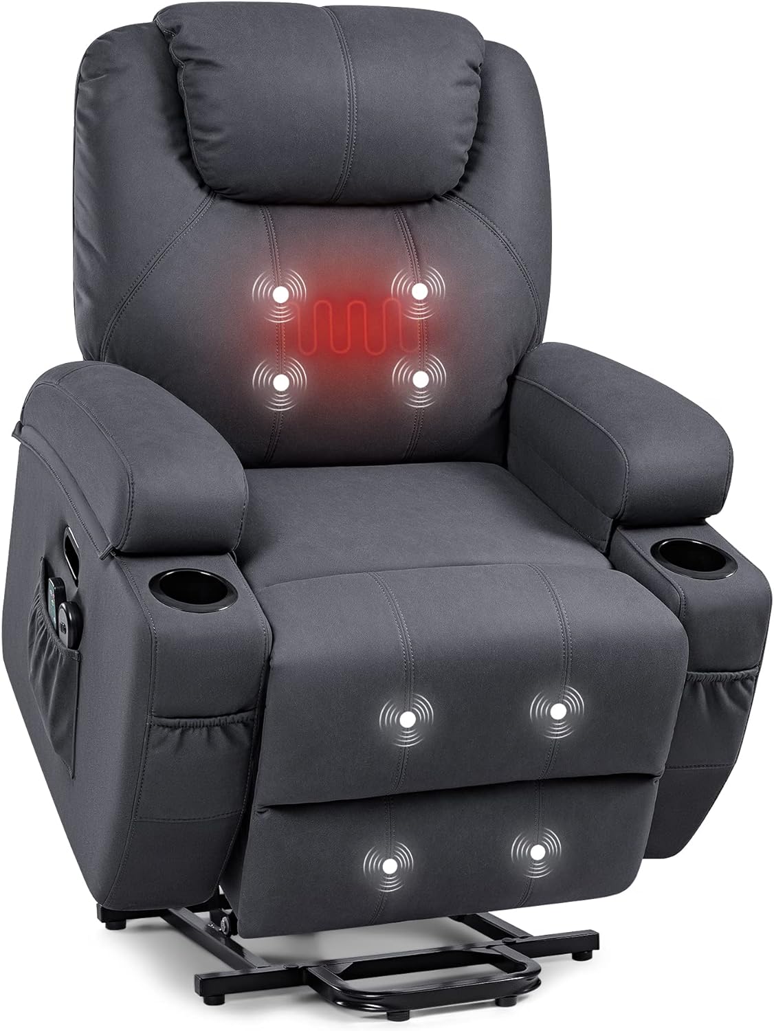 JUMMICO Power Lift Recliner Chair with Heat and Massage for Elderly Faux Leather Modern Reclining Sofa Chair with Cup Holders, Remote Control, Adjustable Furniture (Navy Blue)