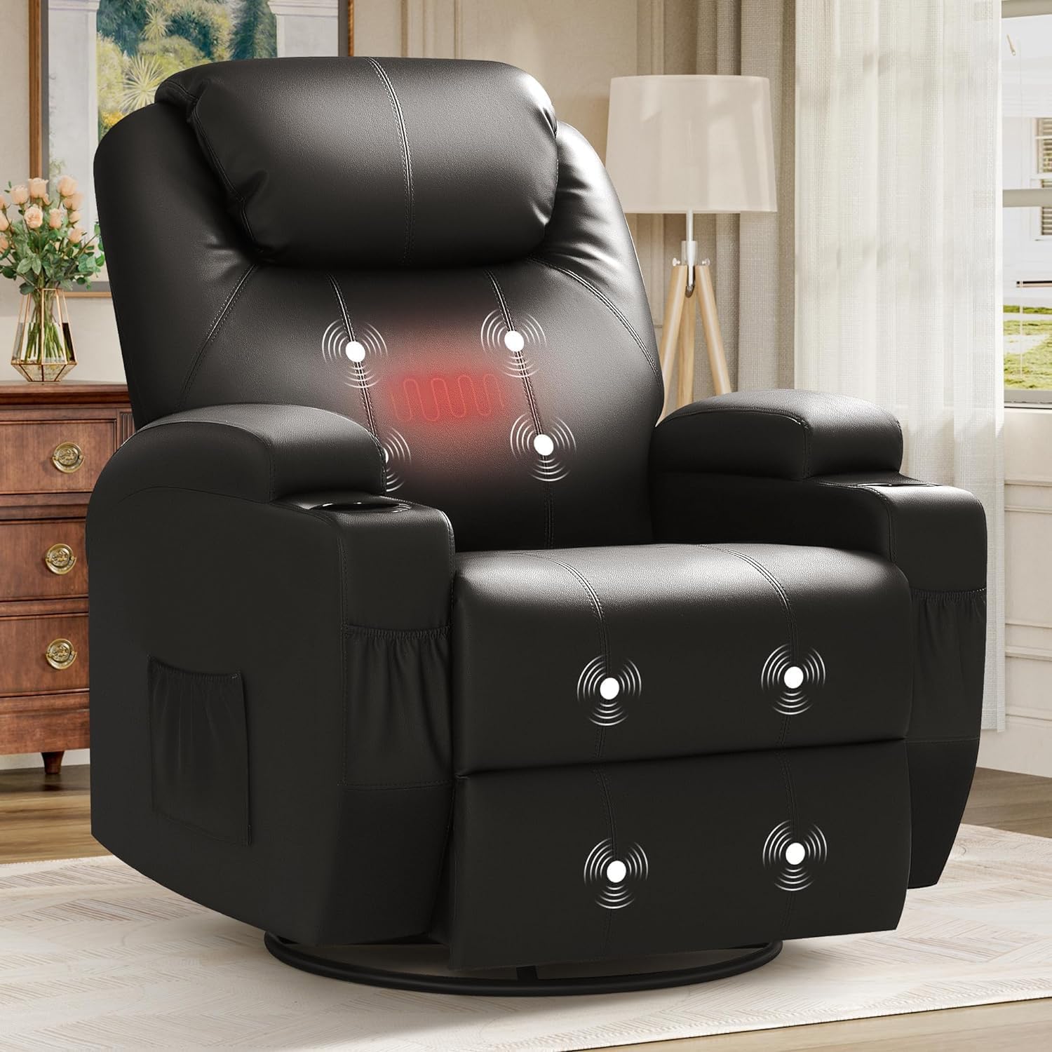 JUMMICO Recliner Chair, Rocking Massage Chairs, Heated Home Sofa, PU Leather, Ergonomic Living Room Chair, Overstuffed Cushion Lounge 360 Degree Swivel (Black)