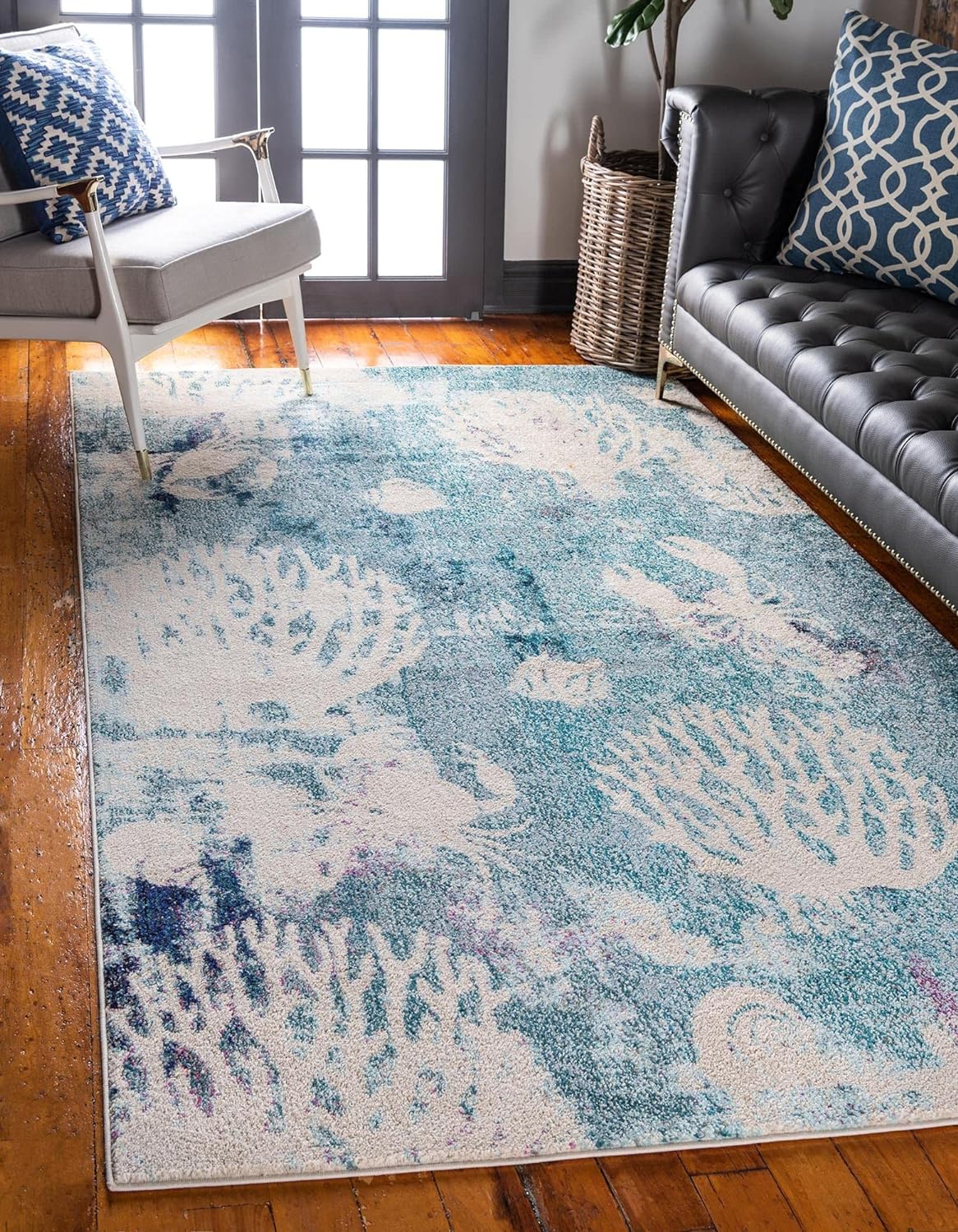 Unique Loom Positano Collection Coastal Modern Coral Lobster Shells Light Blue Area Rug (8' x 10')