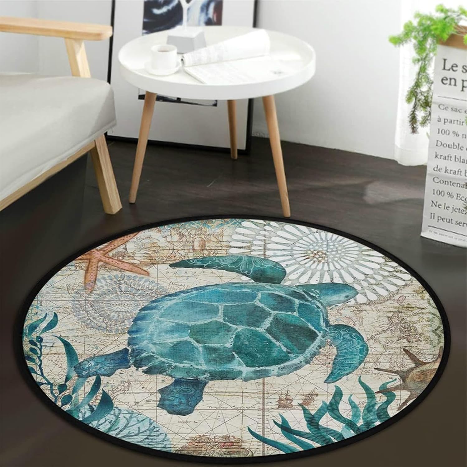 Sea Turtle Starfish Pattern Round Area Rug Cute Doormat Non-Slip Floor Mat Round Area Rug Carpet for Bedroom Living Room Study Playing Carpet, 3' Diameter