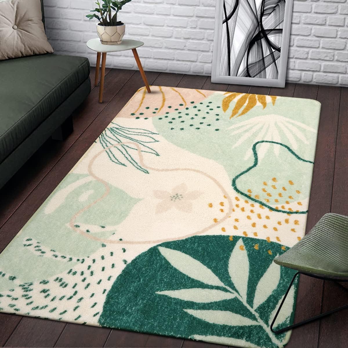 Lahome Green Botanical Print Small Throw Rugs Modern Abstract Non-Slip 3x5 Minimalist Art Area Rug Accent Distressed WashableFloor Carpet for Living Room Bedroom Entryway