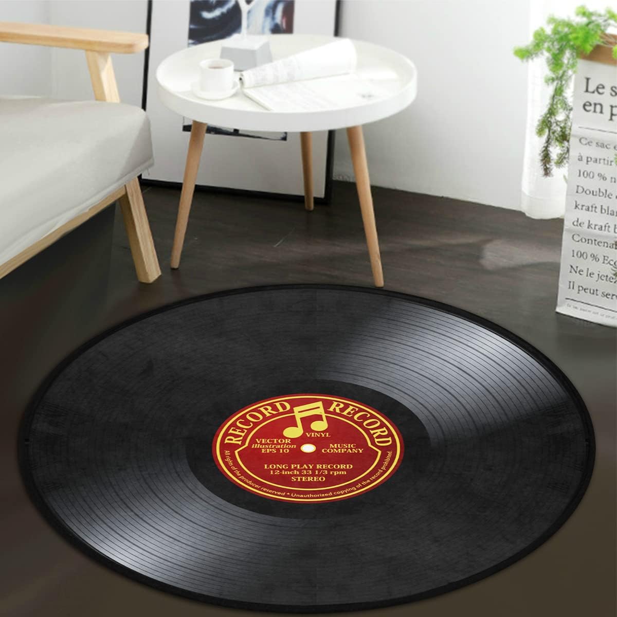 Music Record Black Round Area Rug Retro Vinyl Round Carpet Non-Slip Floor Mat Round Carpet for Bedroom Living Room Study Playing Carpet, 3' Diamete