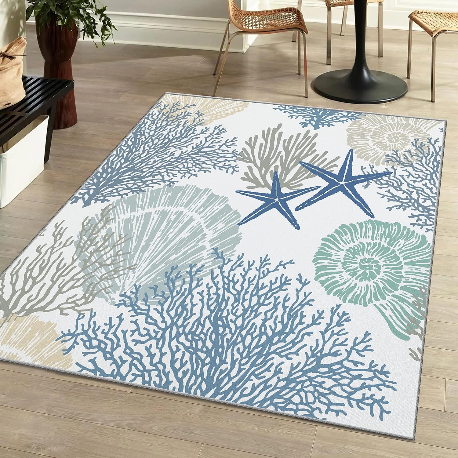 Tritard Coastal Area Rugs Nautical Beach Themed Non-Slip Machine Washable Rugs Modern Floor Carpet for Living Room Bedroom, 8x10, Blue