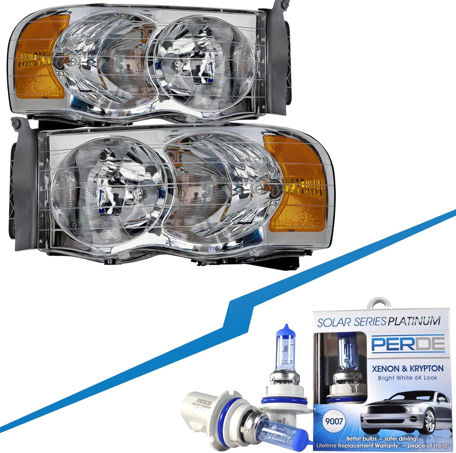 HEADLIGHTSDEPOT Chrome Housing Halogen Headlights Compatible with Dodge Ram 1500 2500 3500 Includes Left Driver and Right Passenger Side Headlamps with Bulbs