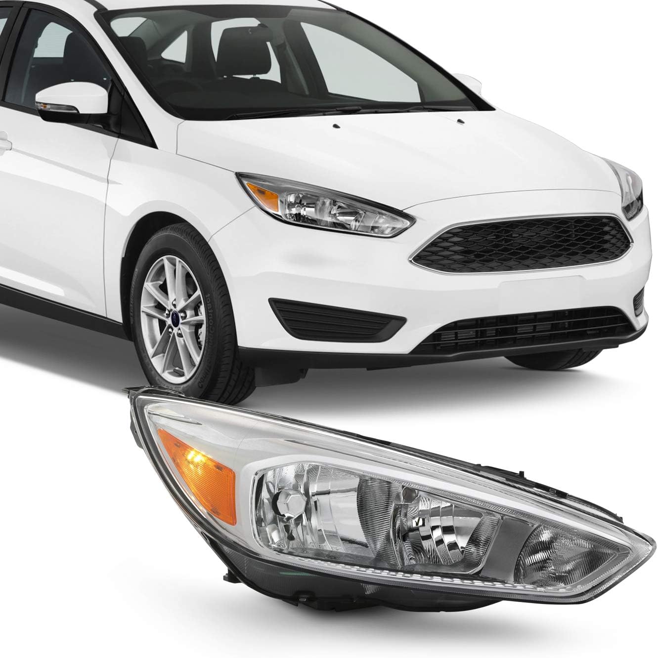 AKKON - Fits 2015-2018 Ford Focus S | SE | ST Chrome Bezel [Halogen Type] Headlight [w/o DRL LED Function] Passenger Right Side