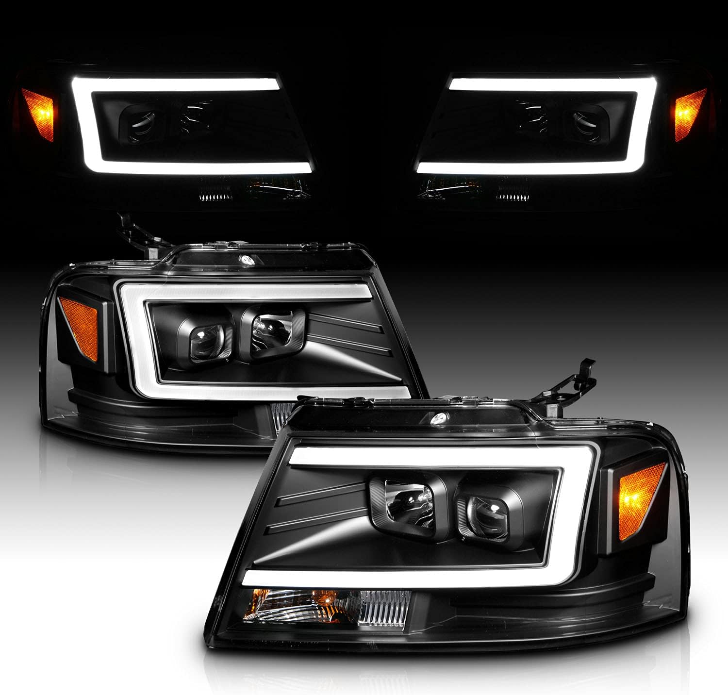 AmeriLite For 2004-2008 Ford F150 C-Type Led, Halogen, Tube Square Projector Housing Pickup Truck Headlights Assembly Pair - Driver and Passenger Side, Vehicle Light Assembly, Black