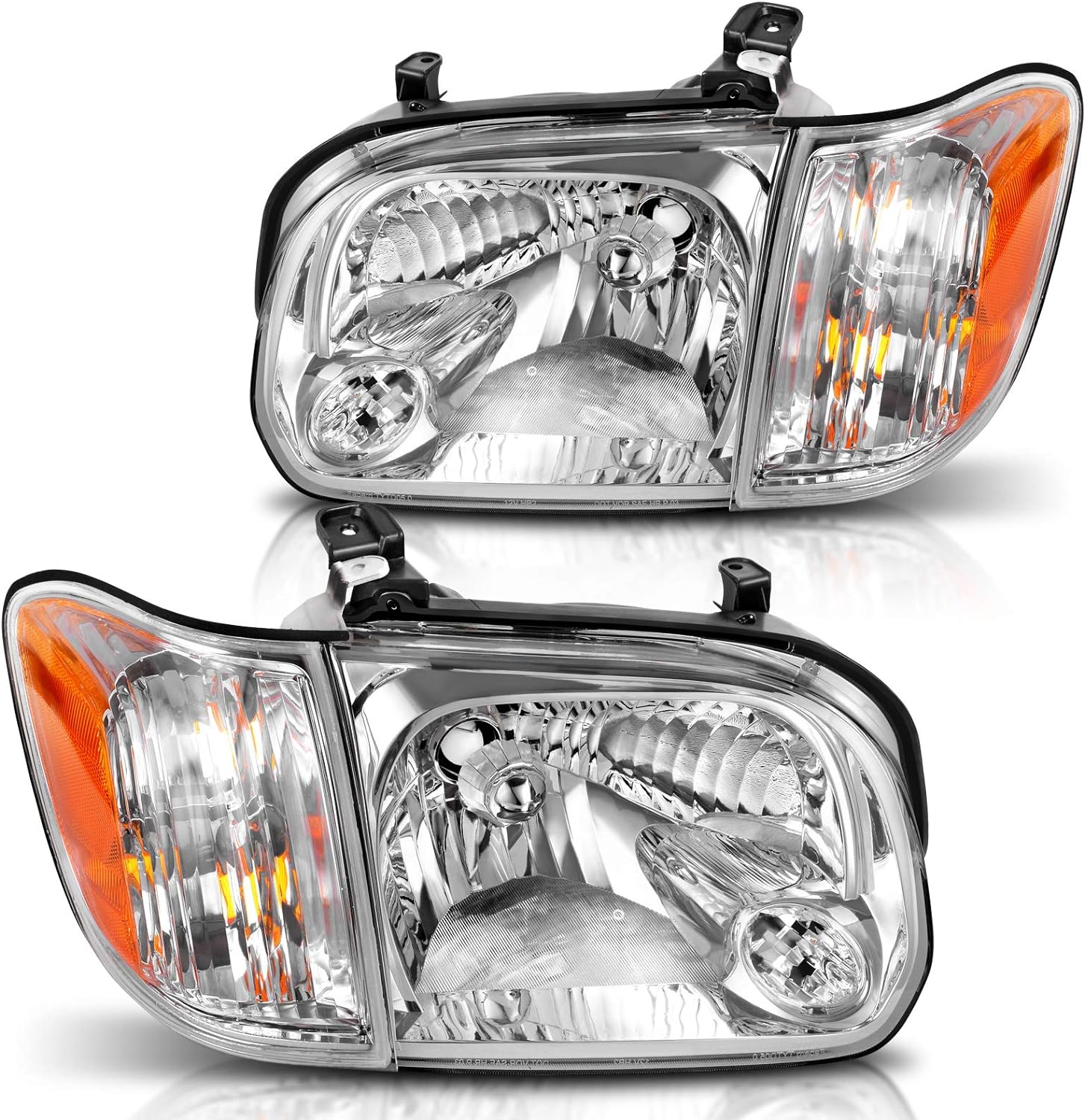 DWVO Headlight Assembly Compatible with 2005-2006 Tundra Double/Crew Cab 2005-2007 Sequoia Pickup Headlamp Replacement Pair Chrome Housing Amber Reflector