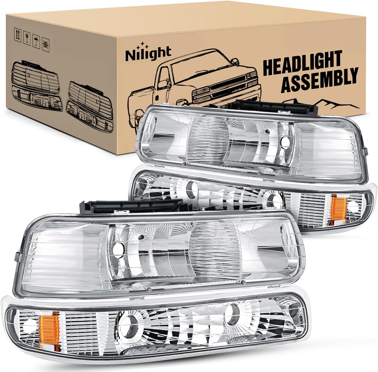 Nilight Headlight Assembly for 1999 2000 2001 2002 Chevy Silverado Avalanche 1500 1500HD 2500 2500HD 3500 Chevrolet Tahoe Suburban Replacement Headlamp Housing Bumper Lights Set, 2 Years Warranty