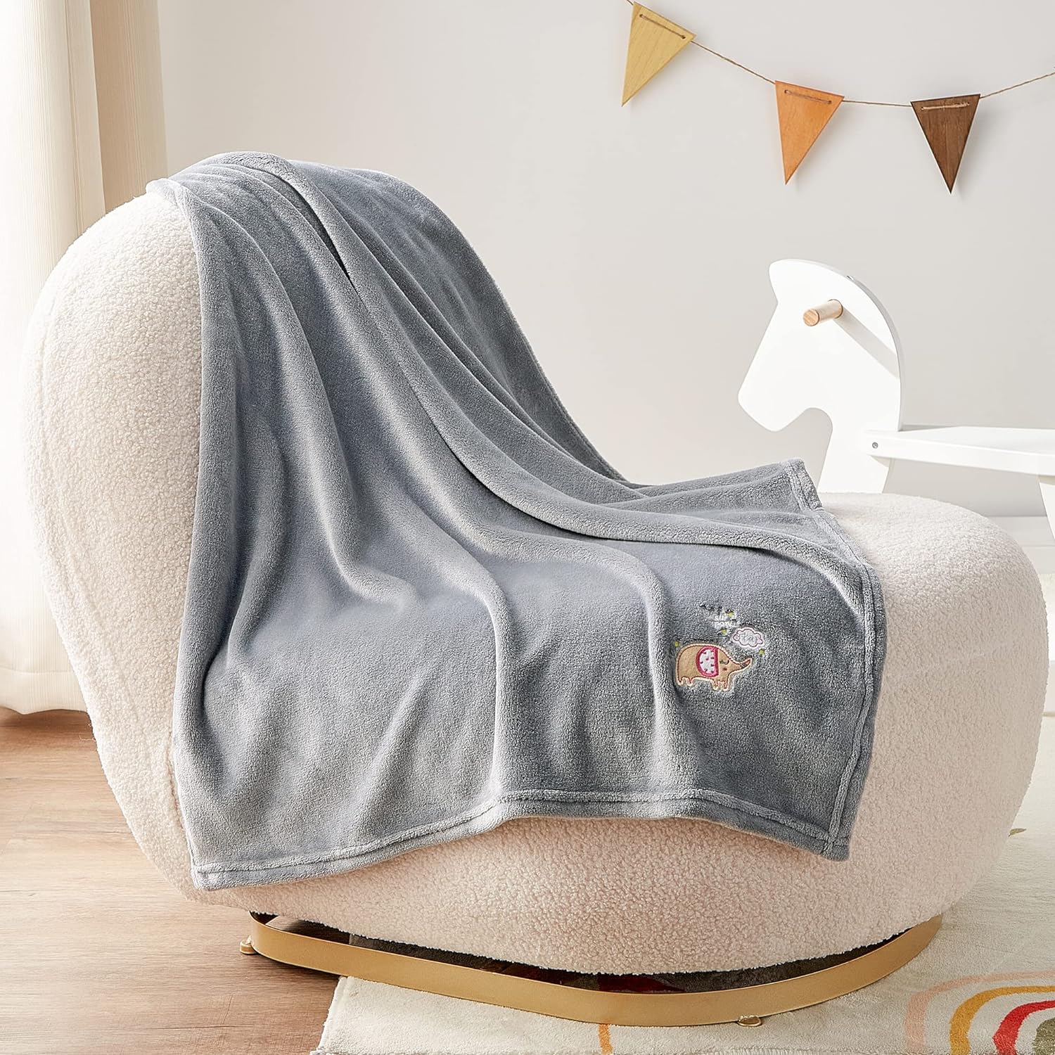 BEDELITE Baby Blankets for Boys Girls 30 x 40, Soft Cozy Fuzzy Fleece Blanket with Embroidered Elephant, Warm Breathable Infant Newborn Toddler Blanket for Crib Stroller Travel, Grey