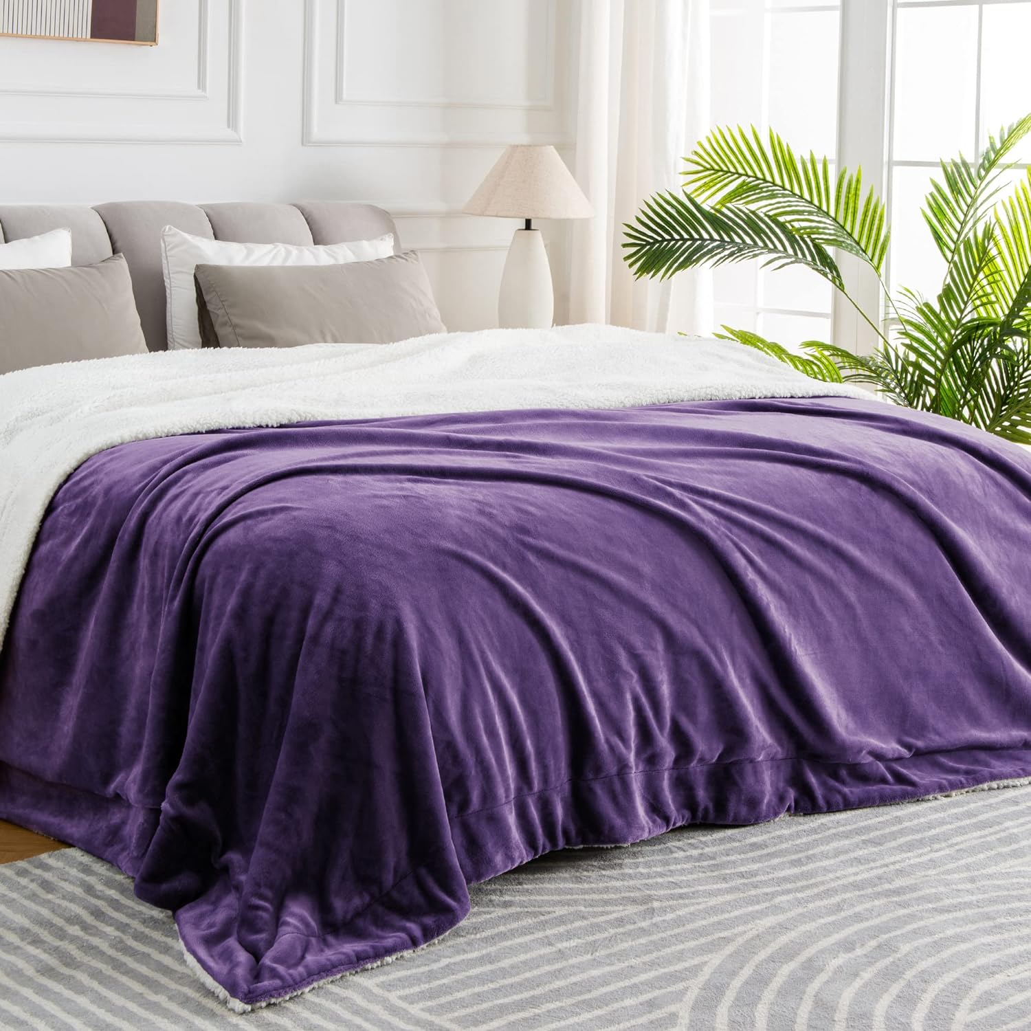 BEDELITE Sherpa Fleece Blankets Queen/Full Size - Thick Warm Blankets for Winter, Soft & Cozy Plush Large Heavy Blanket for Bed (Purple, 90 X 90)