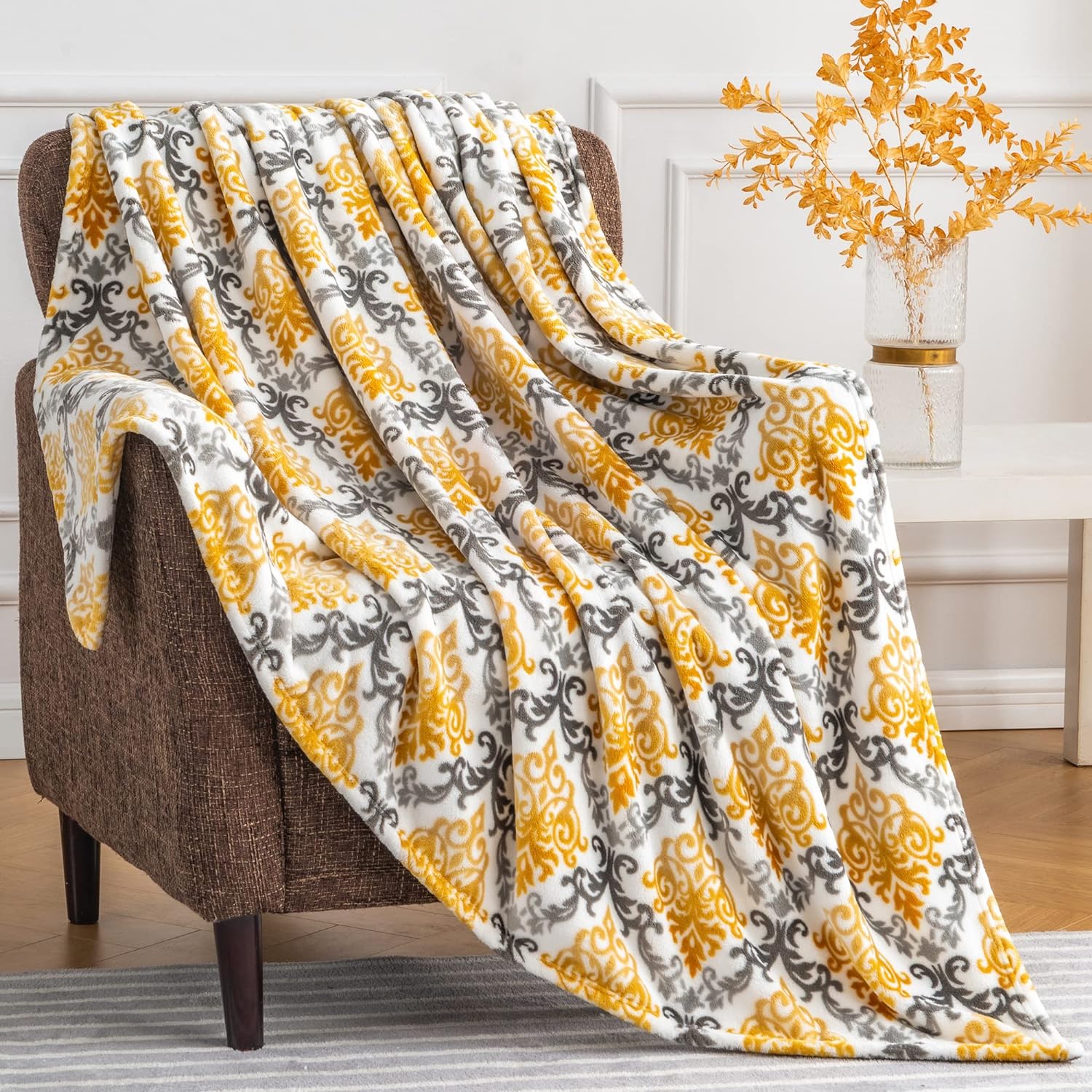 BEDELITE Fleece Throw Blanket for Couch and Bed, 350GSM Thick Oversized Spring Blanket 60 X 70 - Luxury Printed Soft Cozy Fuzzy Blankets Fit Farmhouse Boho Home Decor (Damask Yellow)