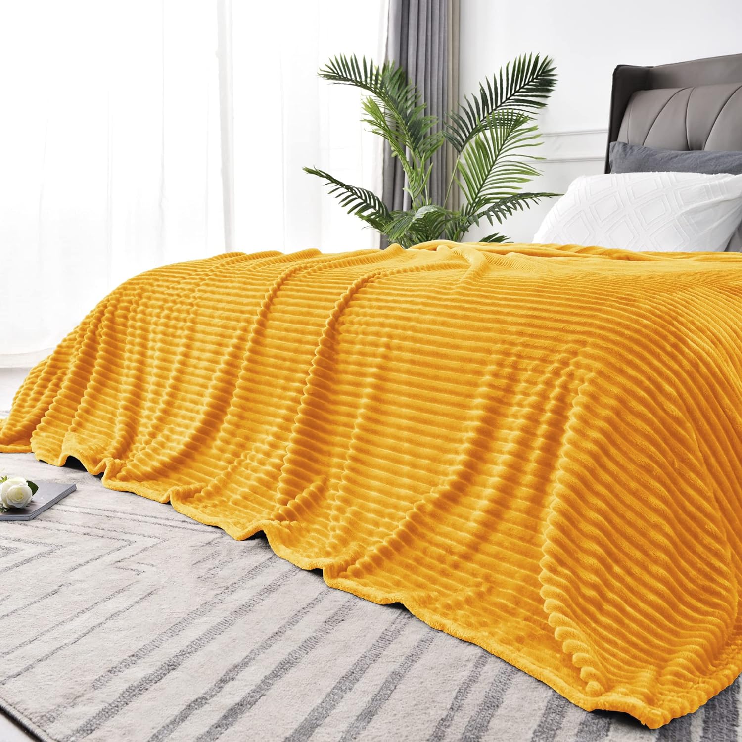 BEDELITE Fleece Blanket King Size  3D Ribbed Jacquard Soft and Warm Decorative Fuzzy Blankets  Cozy, Fluffy, Plush Lightweight Throw Blankets for Couch, Bed, Sofa(Mustard Yellow, 108x90 inches)