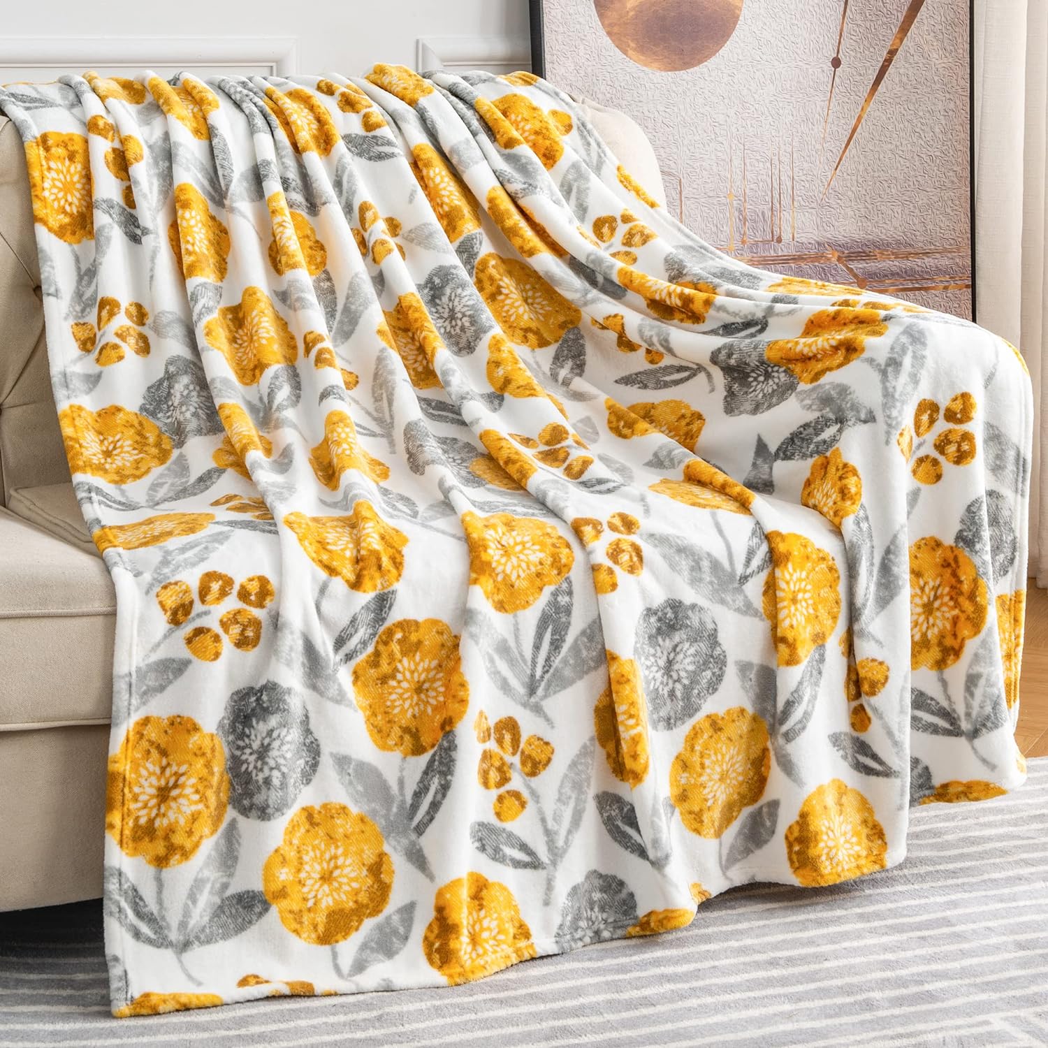 BEDELITE Fleece Throw Blanket for Couch and Bed 60 X 70, 350GSM Thick & Warm Oversized Spring Blanket - Farmhouse Boho Soft Cozy Fuzzy Blankets(Yellow Floral)