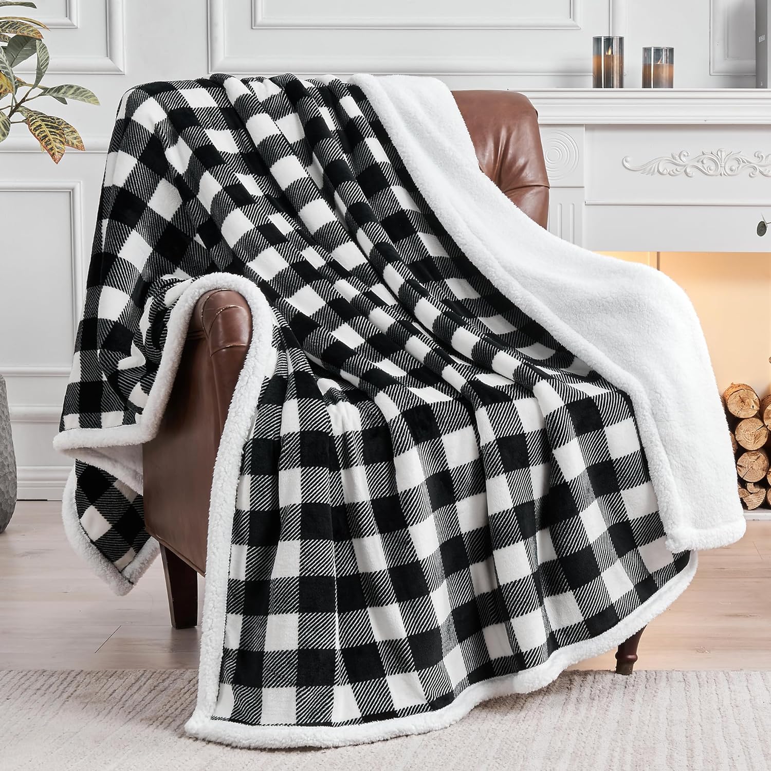 BEDELITE Sherpa Fleece Blanket - Black and White Buffalo Plaid Christmas Blanket, Super Soft Cozy Warm Thick Winter Throw Blankets for Couch and Bed, 50 x 60