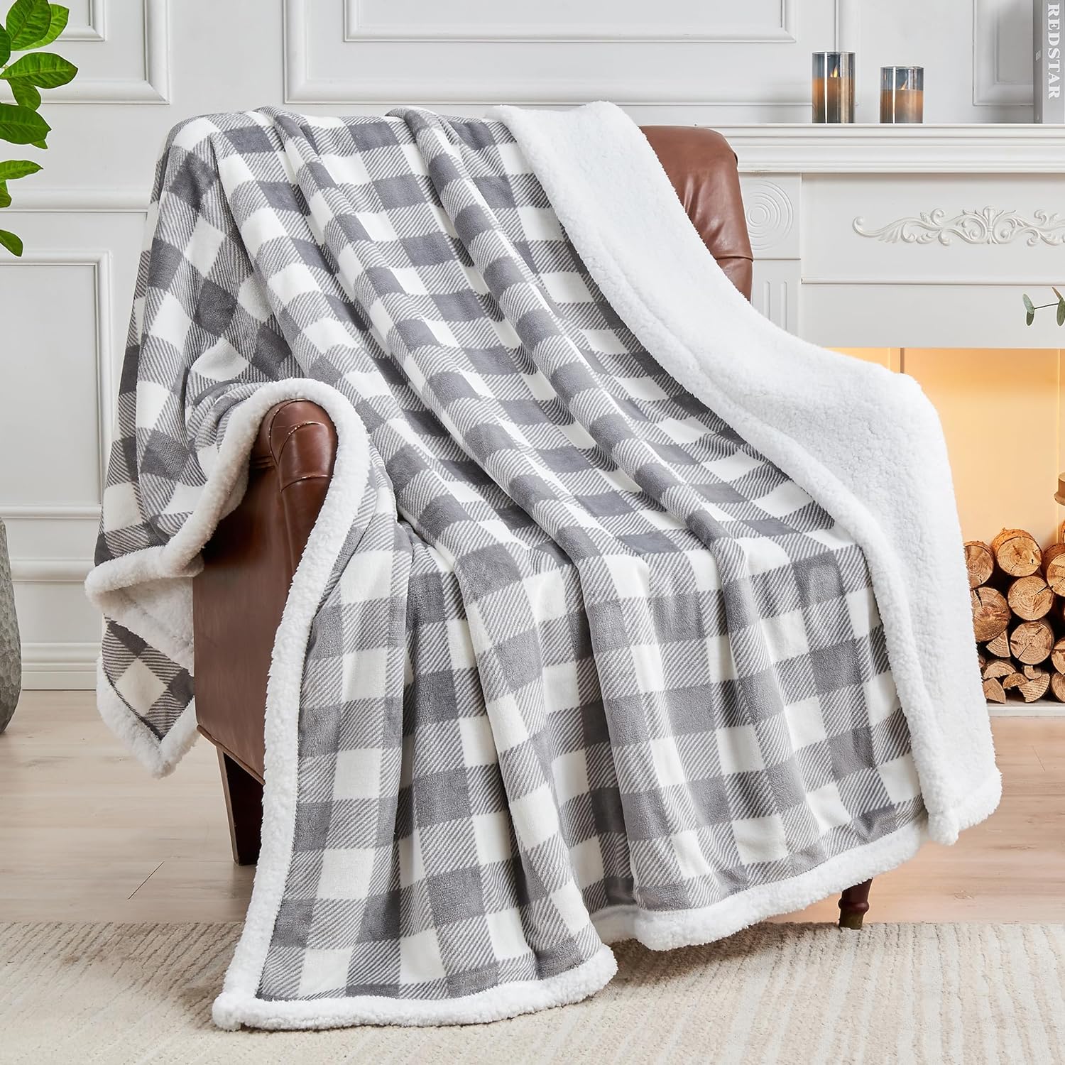 BEDELITE Sherpa Fleece Blanket - Grey and White Buffalo Plaid Christmas Blanket, Super Soft Cozy Warm Thick Winter Throw Blankets for Couch and Bed, 50 x 60