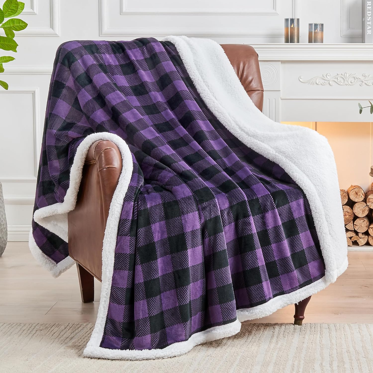 BEDELITE Sherpa Fleece Blanket - Purple and Black Buffalo Plaid Christmas Blanket, Super Soft Cozy Warm Thick Winter Throw Blankets for Couch and Bed, 50 x 60