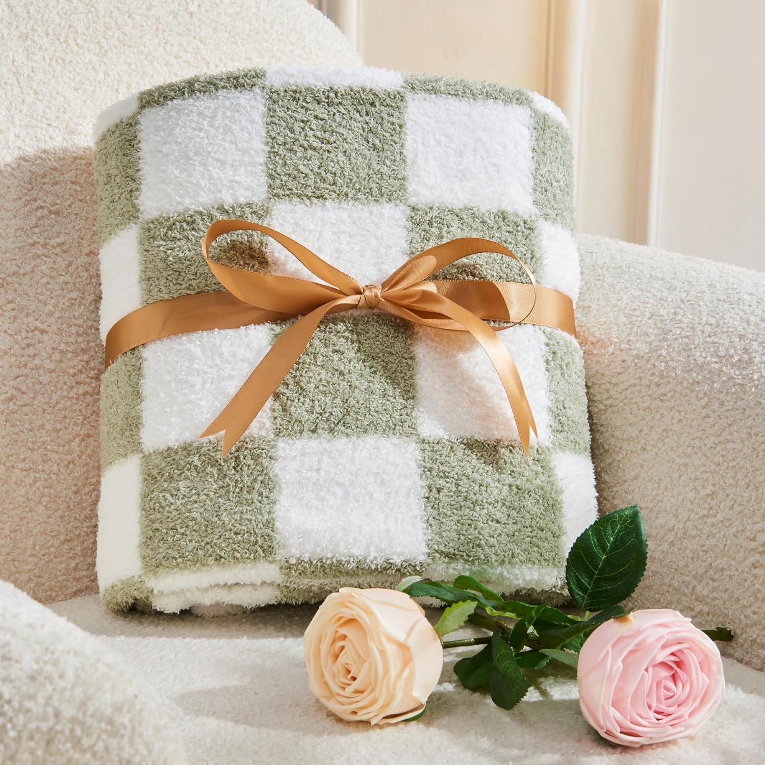 BEDELITE Checkered Blanket - Ultra Soft Cozy Knit Fuzzy Blanket, Lightweight & Warm Spring Throw Blanket for Couch, Bed, Travel (Sage Green, 50 X 60)