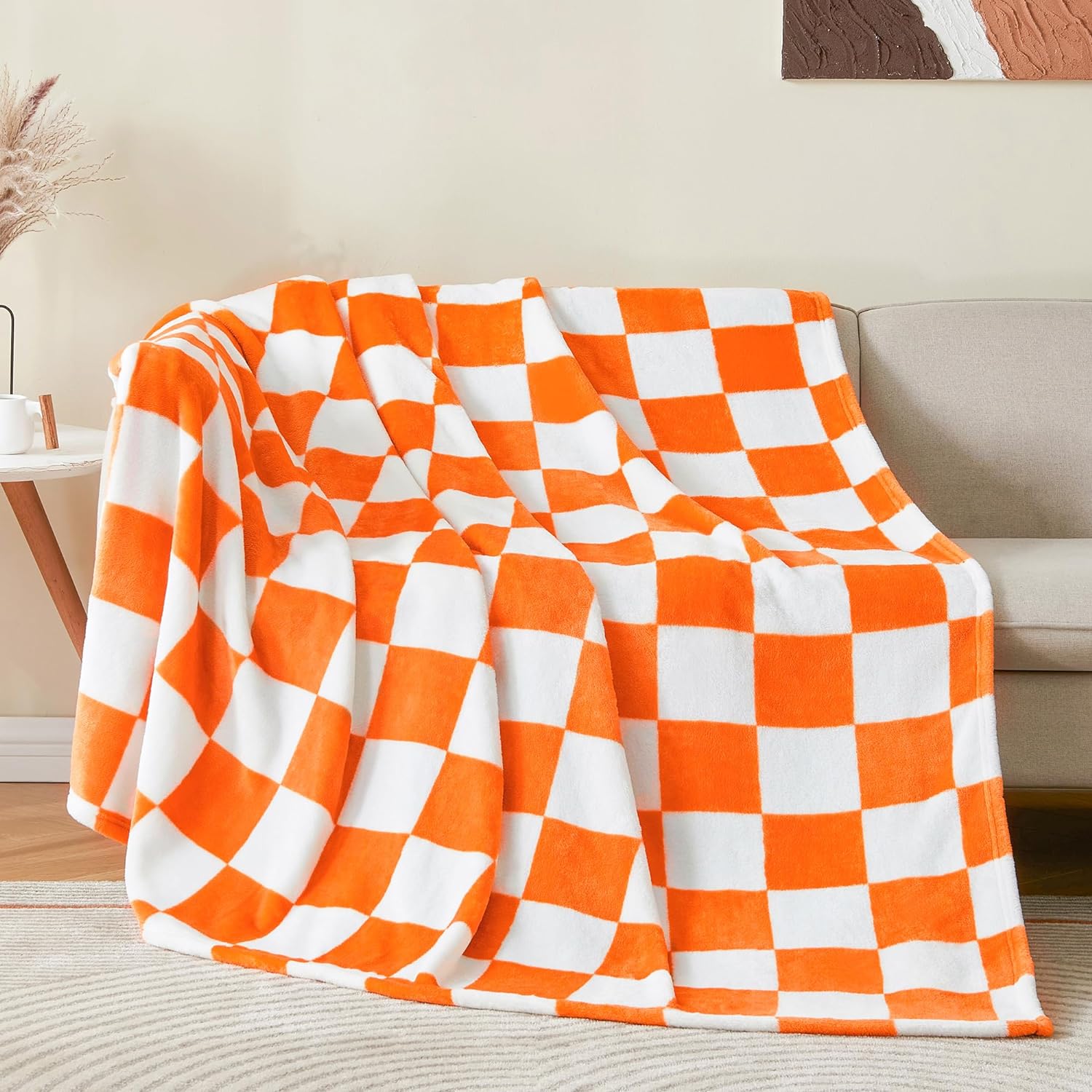 BEDELITE Checkered Throw Blanket for Couch and Bed, Luxurious Fleece Blanket with Checkerboard Grid Home Decor, Soft Cozy Orange and White Warm Blankets for Spring, 50x60