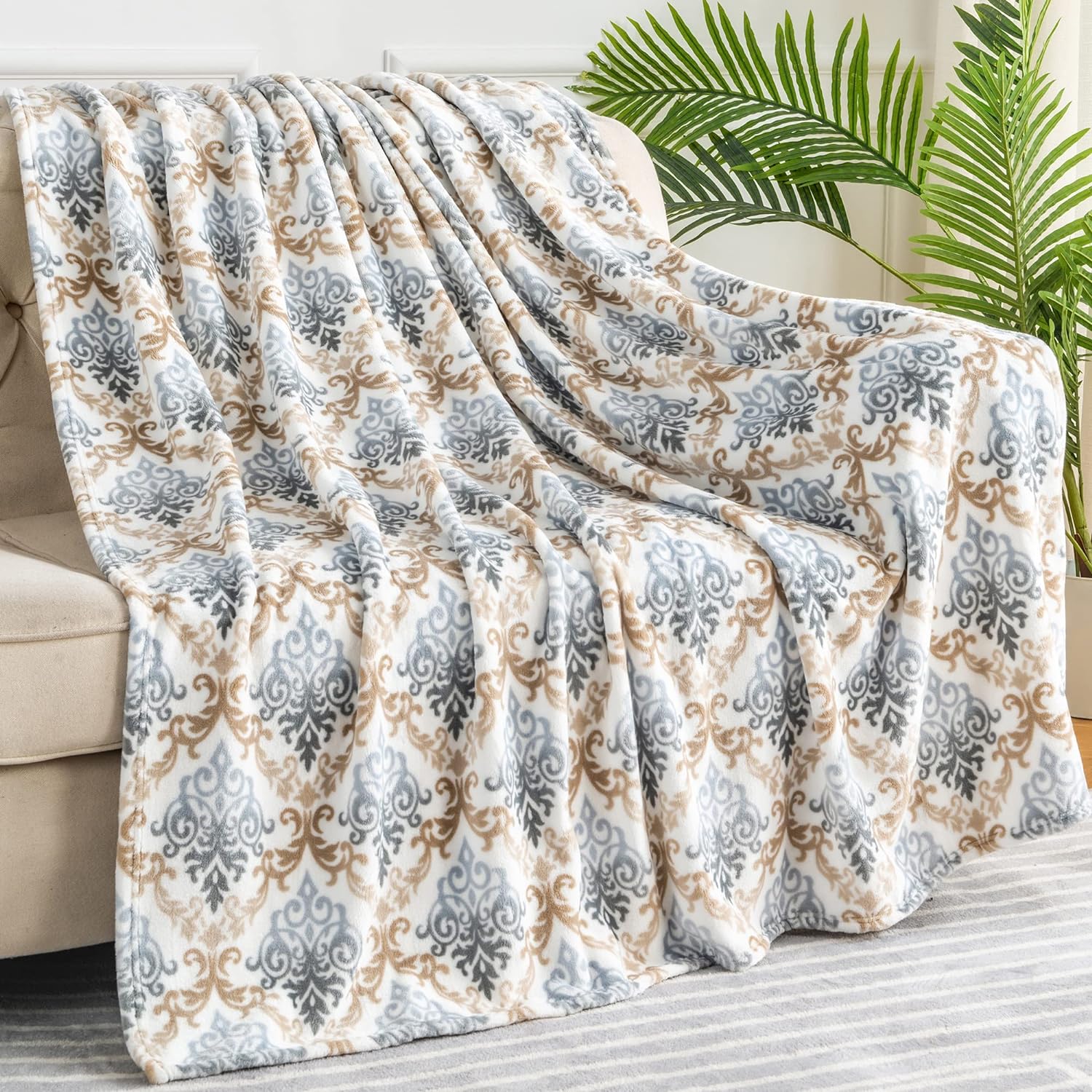 BEDELITE Fleece Throw Blanket for Couch and Bed, 350GSM Thick Oversized Spring Blanket 60 X 70 - Luxury Printed Soft Cozy Fuzzy Blankets Fit Farmhouse Boho Home Decor (Damask Grey)