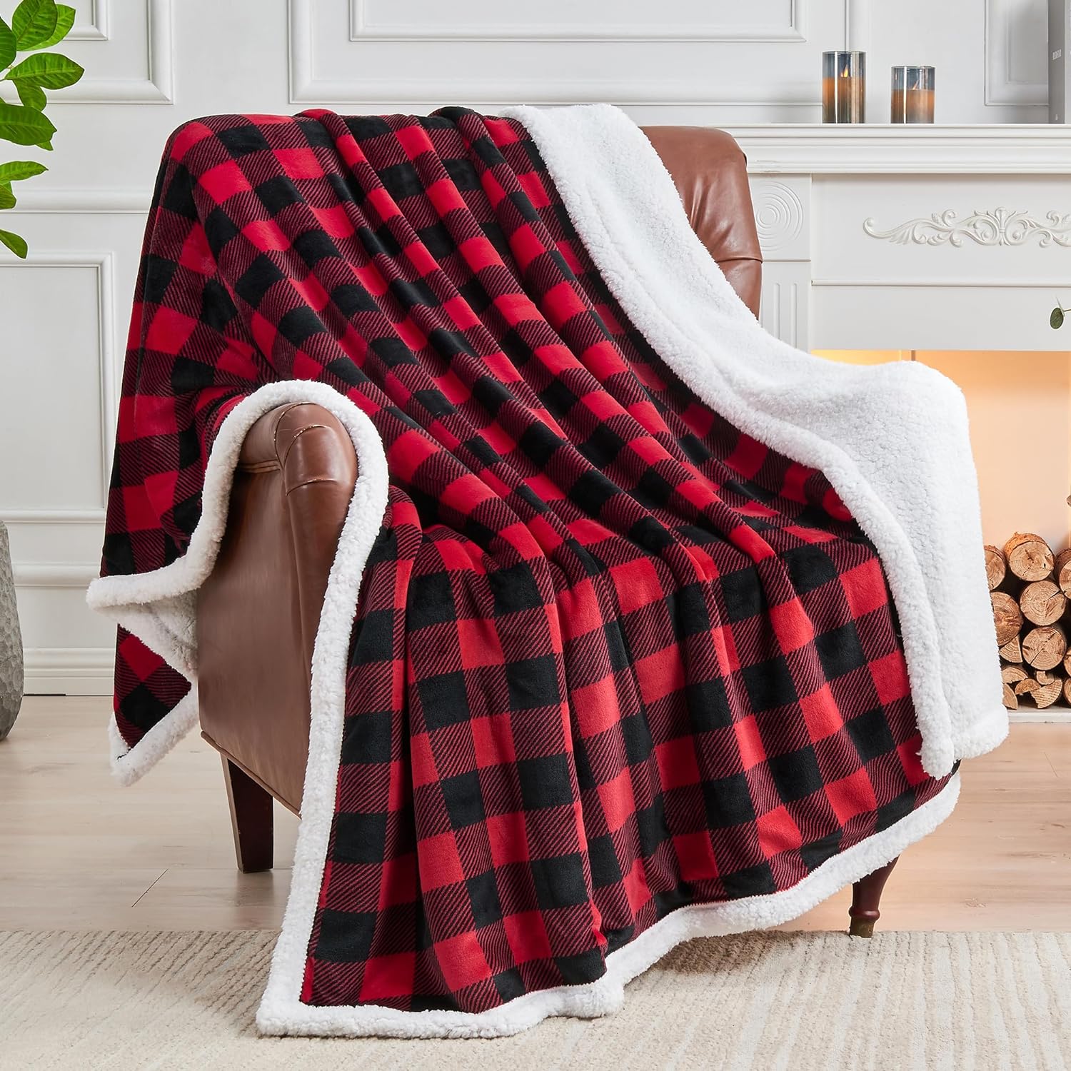 BEDELITE Sherpa Fleece Blanket - Black and Red Buffalo Plaid Christmas Blanket, Super Soft Cozy Warm Thick Winter Throw Blankets for Couch and Bed, 50 x 60