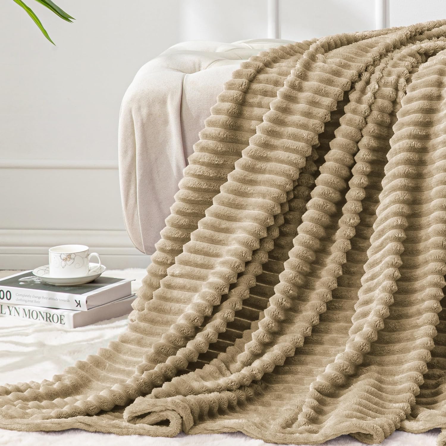 BEDELITE Fleece Throw Blanket for Couch  3D Ribbed Jacquard Soft and Warm Decorative Fuzzy Blanket  Cozy, Fluffy, Plush Lightweight Brown Throw Blankets for Bed, Sofa, 50x60 inches